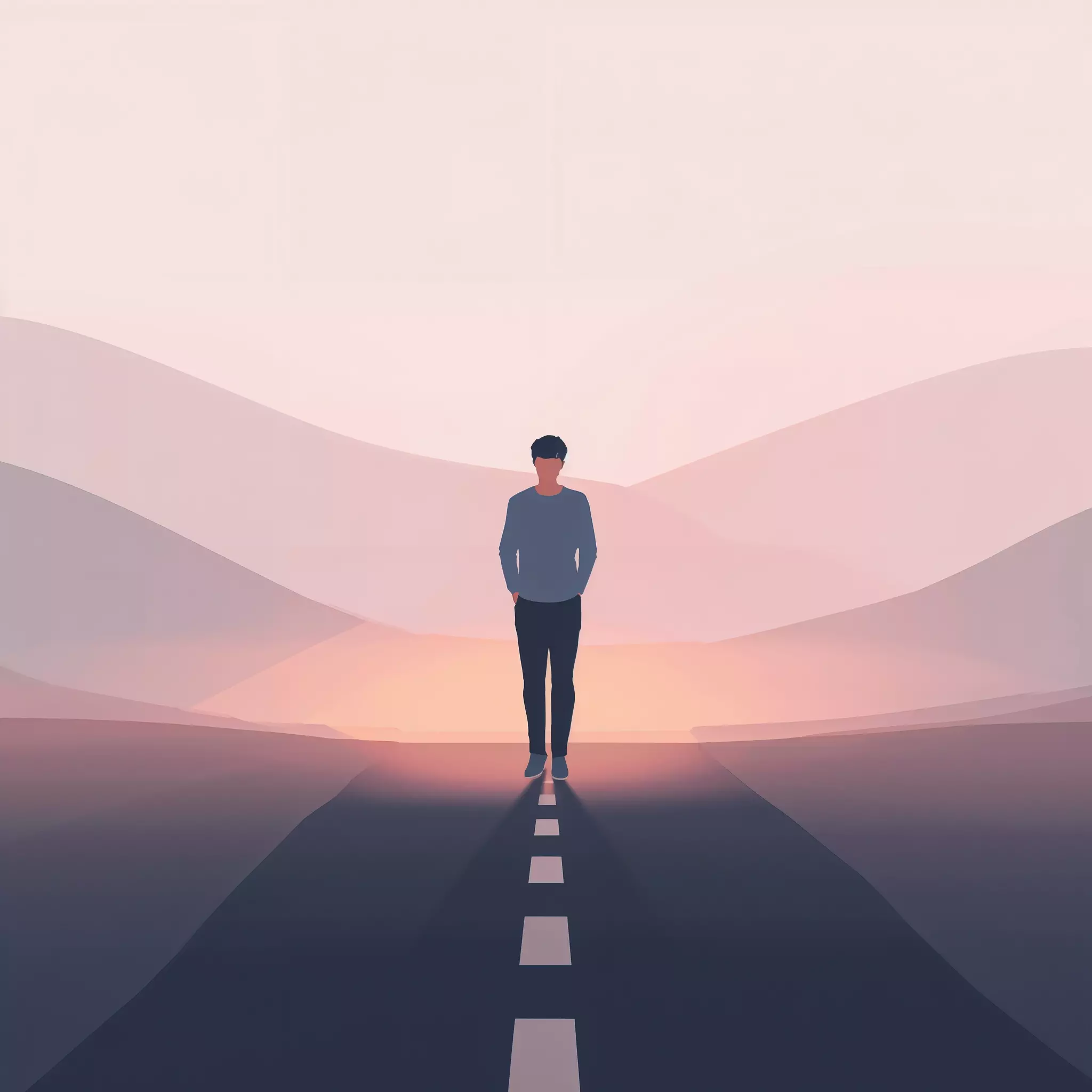 Minimalist illustration of a person standing at a crossroads with soft light ahead, symbolizing acceptance after a breakup as a step toward healing and progress.